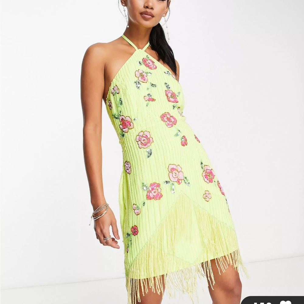 ASOS Embellished Fringe Floral Dress Yellow